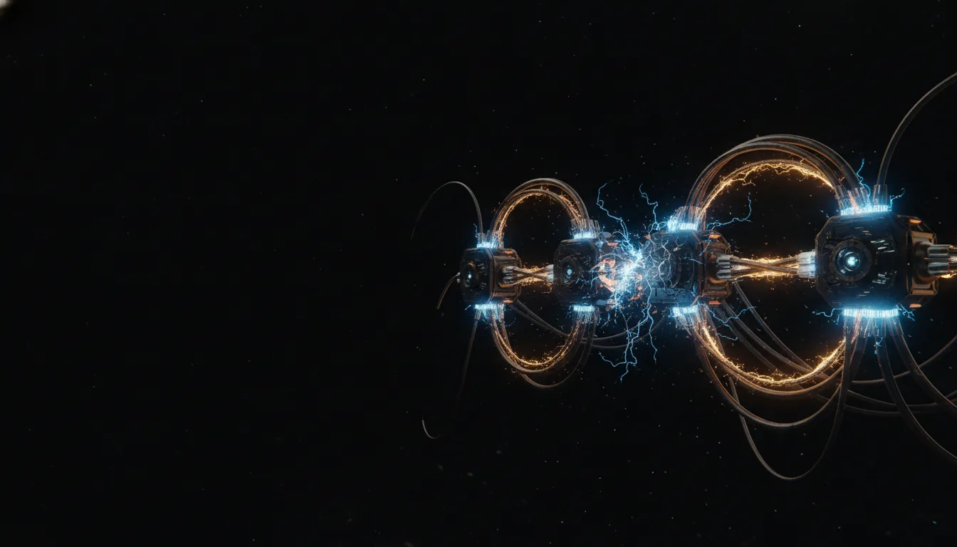 Glowing threads linking tree roots on a dark forest floor — an illustration of connected automations