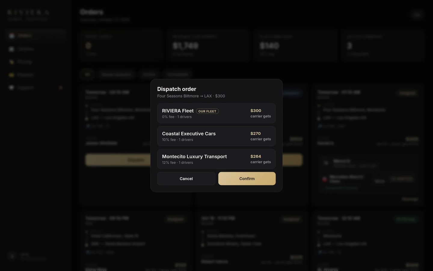 Riviera admin console — dispatching an order to the own fleet or a partner carrier with commission