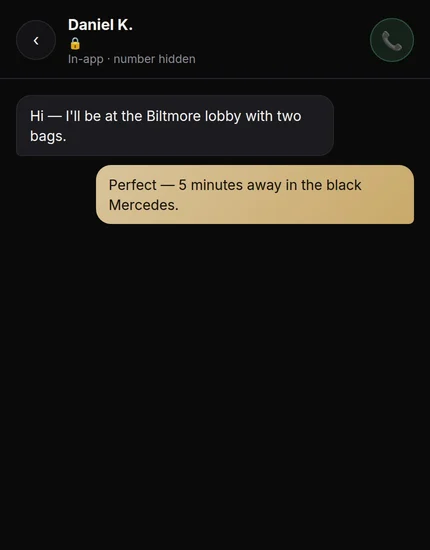 Riviera chauffeur app — private in-app chat with the rider