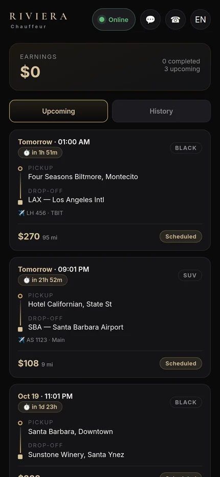 Riviera chauffeur app — upcoming reservations with countdowns and flight numbers
