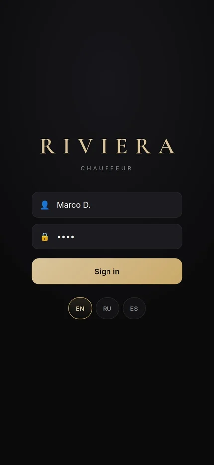 Riviera chauffeur app — sign-in screen