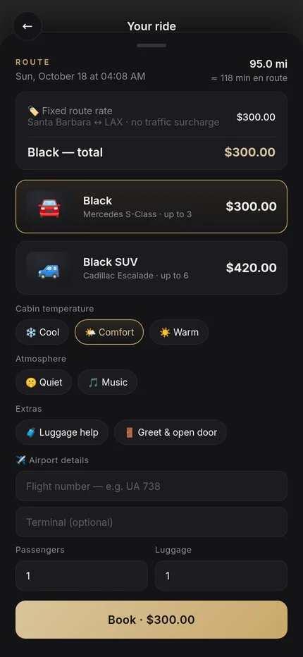 Riviera rider app — fixed route price, car class and ride preferences