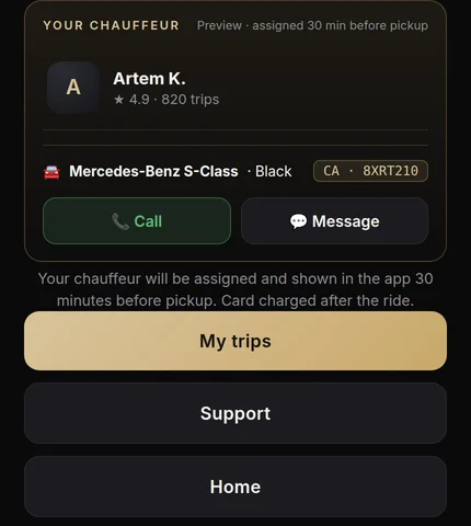 Riviera rider app — chauffeur card with car, plate, call and message buttons